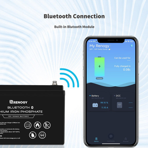 Batteria Renogy LiFePO4 12V 100Ah Con Bluetooth E BMS 150A, IP67 Per Camper E Motori Da Traino
