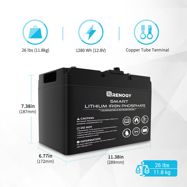 Renogy 12V 100Ah Smart Lithium Iron Phosphate Battery w/ Self-Heating Function